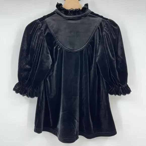 Pomander PlaceBlack Velvet Selena Blouse Victorian Puff Sleeve Top XXS